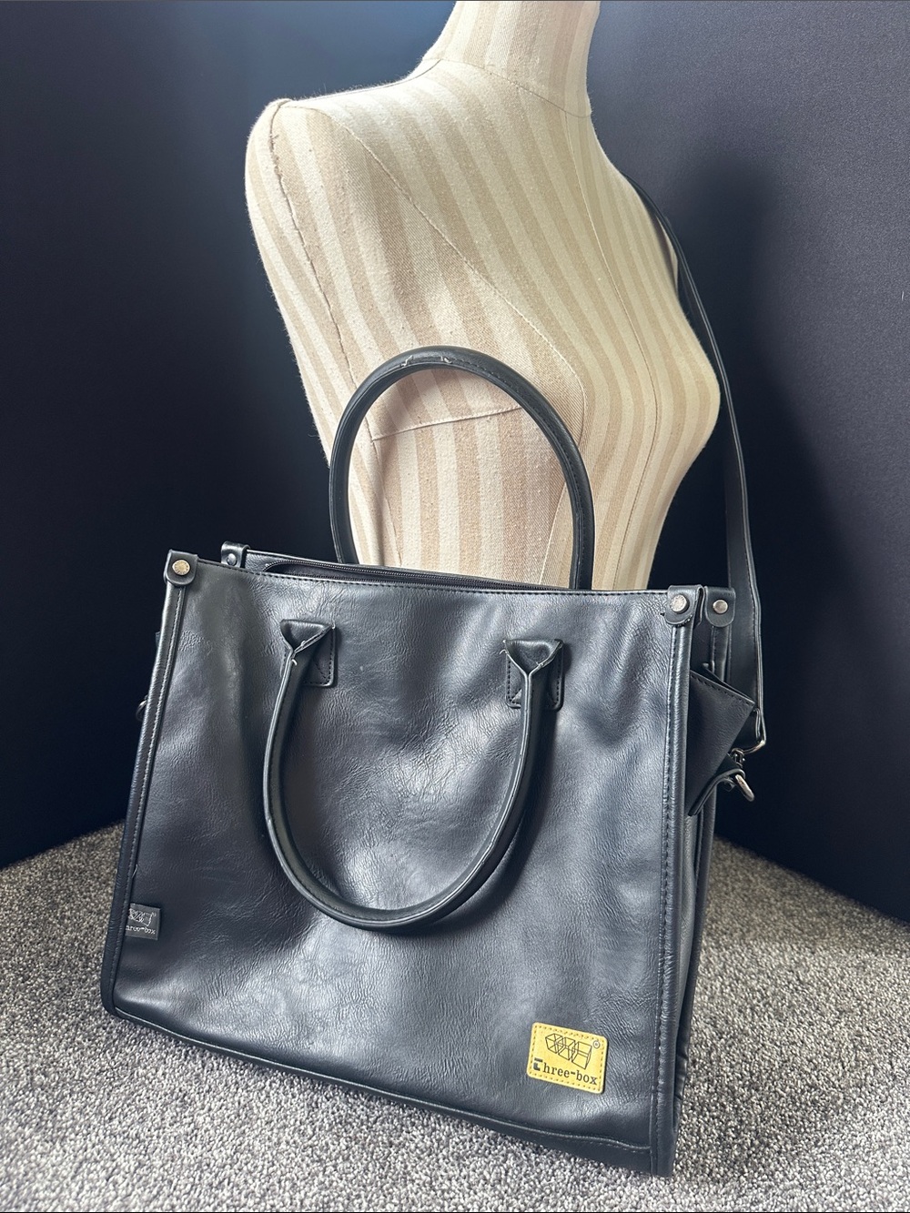 Three Box brand faux leather tote bag with shoulder Strap